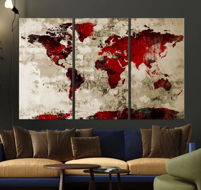 The living room showcases a stunning Red Canvas World Map Wall Art canvas print on gallery wrapped, museum-quality canvas.