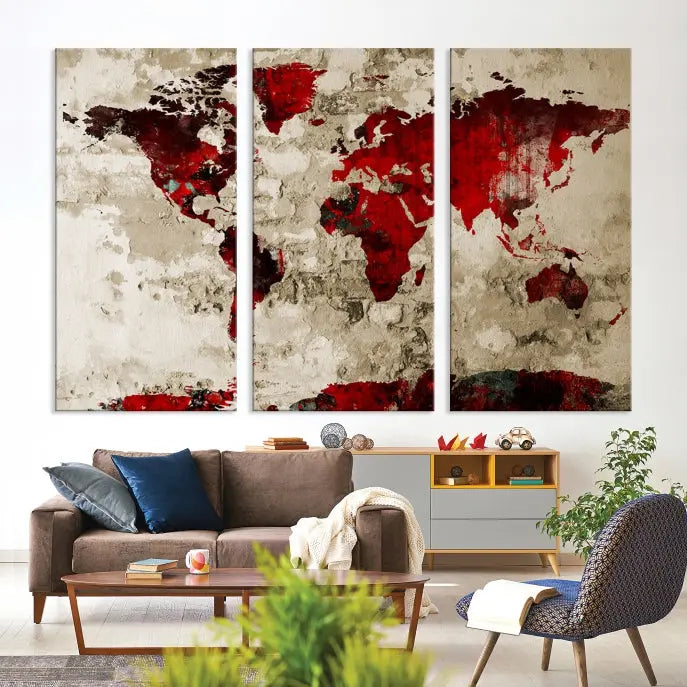 The living room showcases a stunning Red Canvas World Map Wall Art canvas print on gallery wrapped, museum-quality canvas.