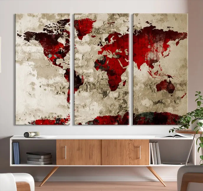 The living room showcases a stunning Red Canvas World Map Wall Art canvas print on gallery wrapped, museum-quality canvas.