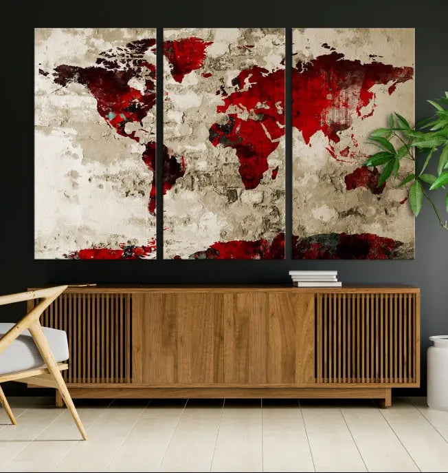 The living room showcases a stunning Red Canvas World Map Wall Art canvas print on gallery wrapped, museum-quality canvas.