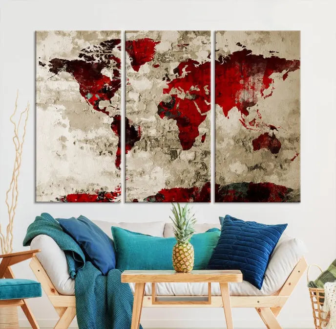 The living room showcases a stunning Red Canvas World Map Wall Art canvas print on gallery wrapped, museum-quality canvas.