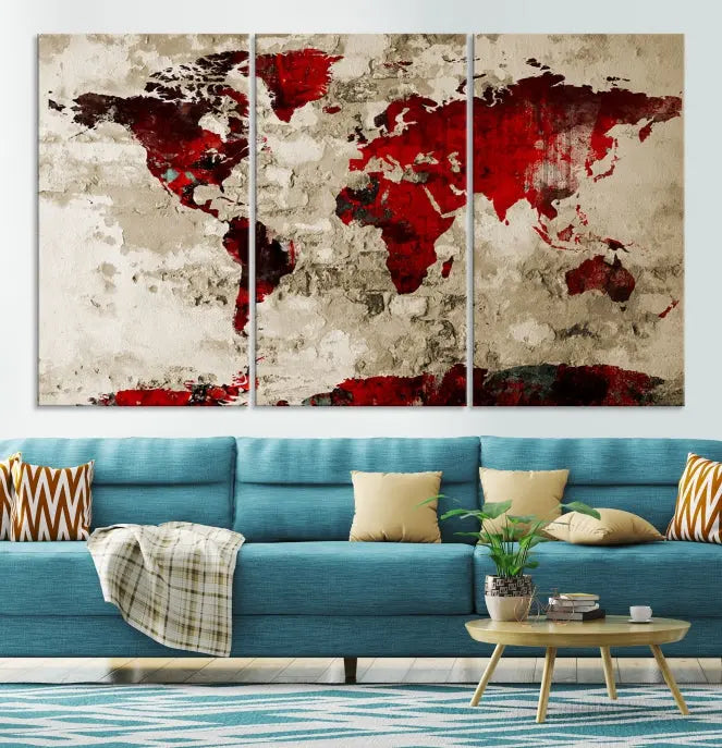 The living room showcases a stunning Red Canvas World Map Wall Art canvas print on gallery wrapped, museum-quality canvas.