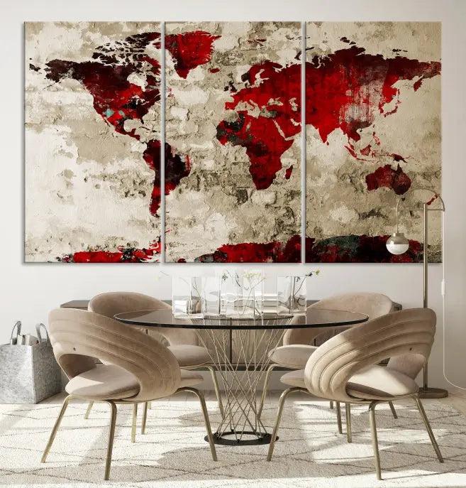 The living room showcases a stunning Red Canvas World Map Wall Art canvas print on gallery wrapped, museum-quality canvas.