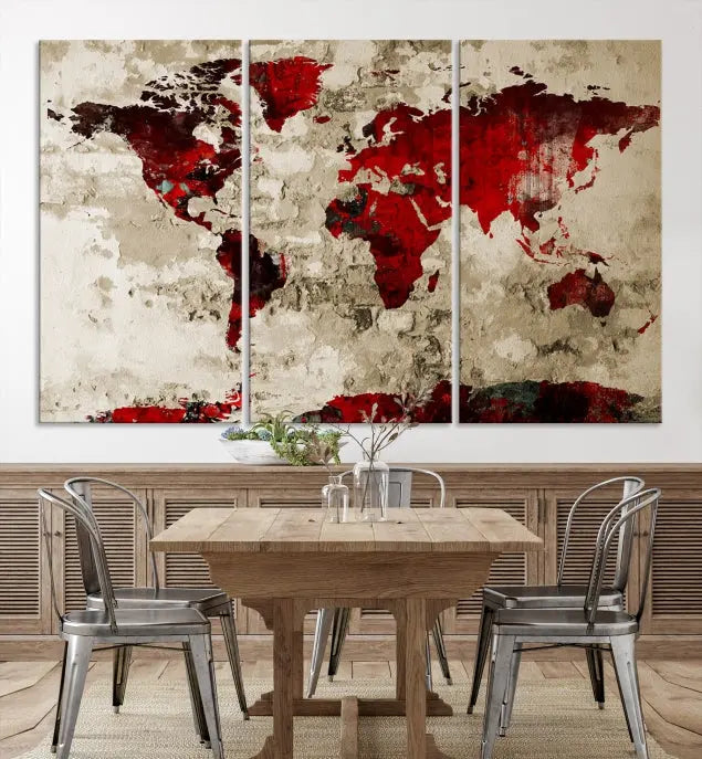 The living room showcases a stunning Red Canvas World Map Wall Art canvas print on gallery wrapped, museum-quality canvas.