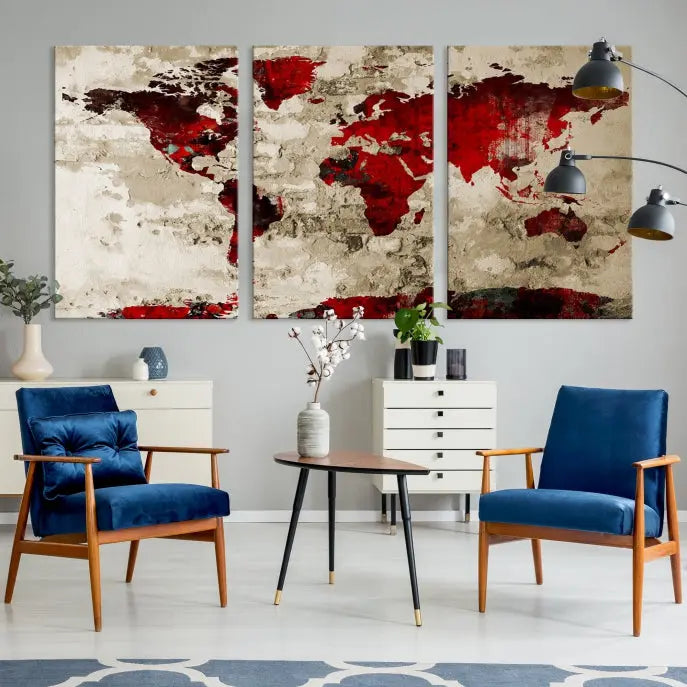 The living room showcases a stunning Red Canvas World Map Wall Art canvas print on gallery wrapped, museum-quality canvas.