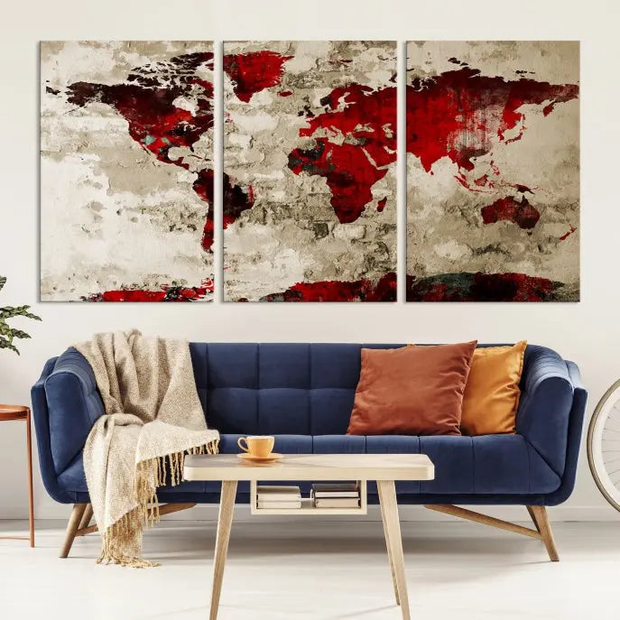 The living room showcases a stunning Red Canvas World Map Wall Art canvas print on gallery wrapped, museum-quality canvas.