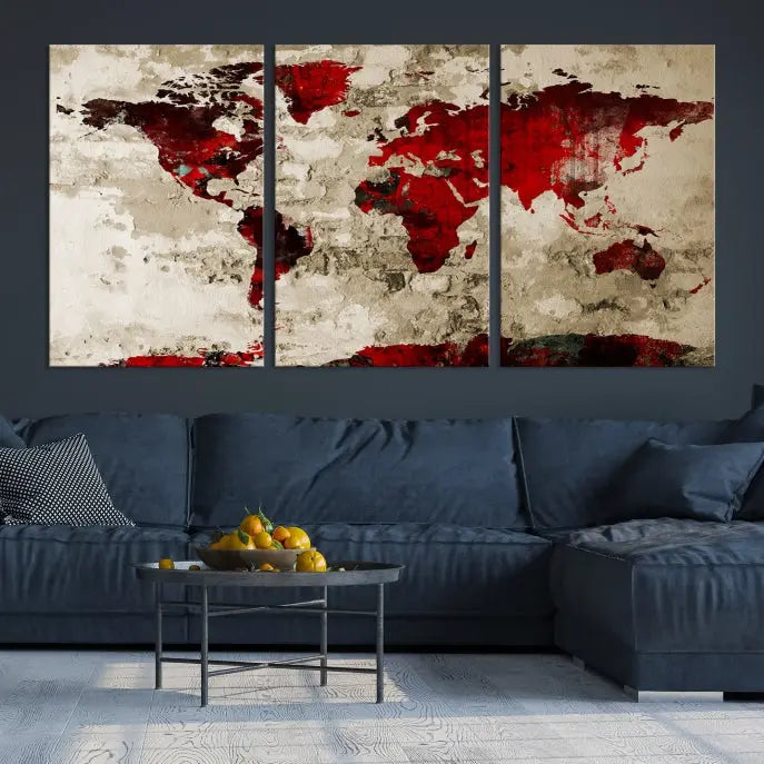 The living room showcases a stunning Red Canvas World Map Wall Art canvas print on gallery wrapped, museum-quality canvas.