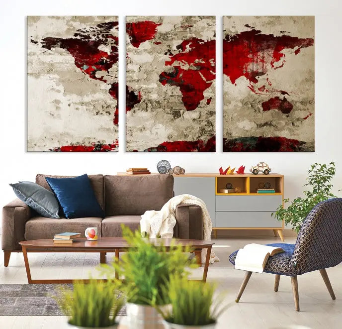 The living room showcases a stunning Red Canvas World Map Wall Art canvas print on gallery wrapped, museum-quality canvas.