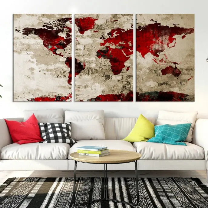 The living room showcases a stunning Red Canvas World Map Wall Art canvas print on gallery wrapped, museum-quality canvas.