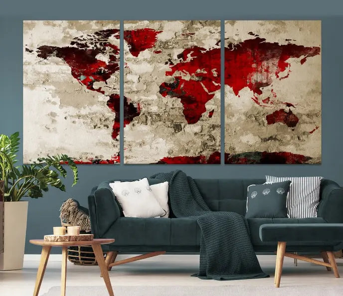 The living room showcases a stunning Red Canvas World Map Wall Art canvas print on gallery wrapped, museum-quality canvas.