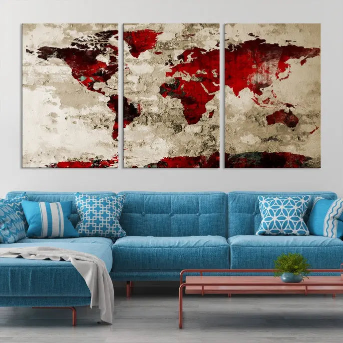 The living room showcases a stunning Red Canvas World Map Wall Art canvas print on gallery wrapped, museum-quality canvas.