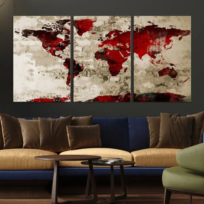 The living room showcases a stunning Red Canvas World Map Wall Art canvas print on gallery wrapped, museum-quality canvas.