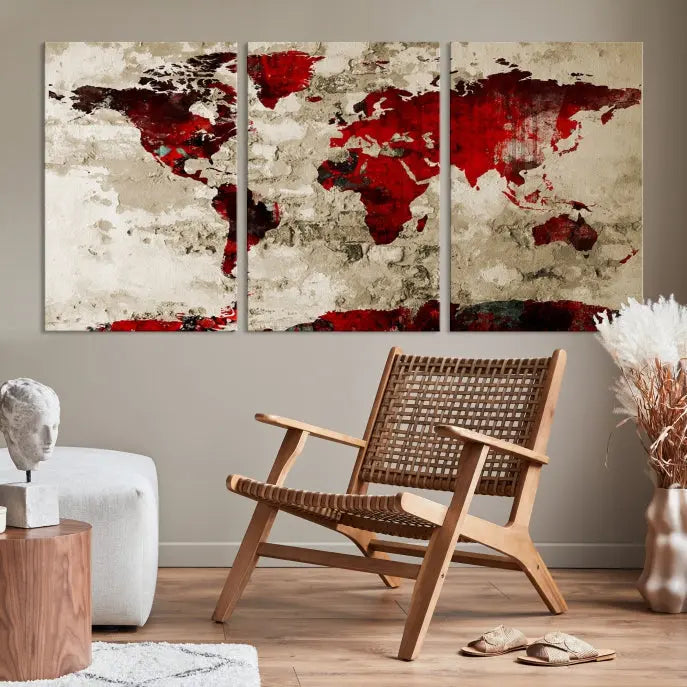 The living room showcases a stunning Red Canvas World Map Wall Art canvas print on gallery wrapped, museum-quality canvas.