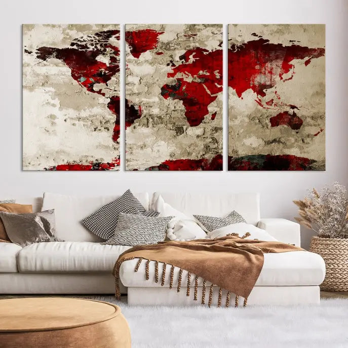 The living room showcases a stunning Red Canvas World Map Wall Art canvas print on gallery wrapped, museum-quality canvas.