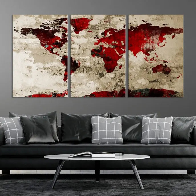 The living room showcases a stunning Red Canvas World Map Wall Art canvas print on gallery wrapped, museum-quality canvas.