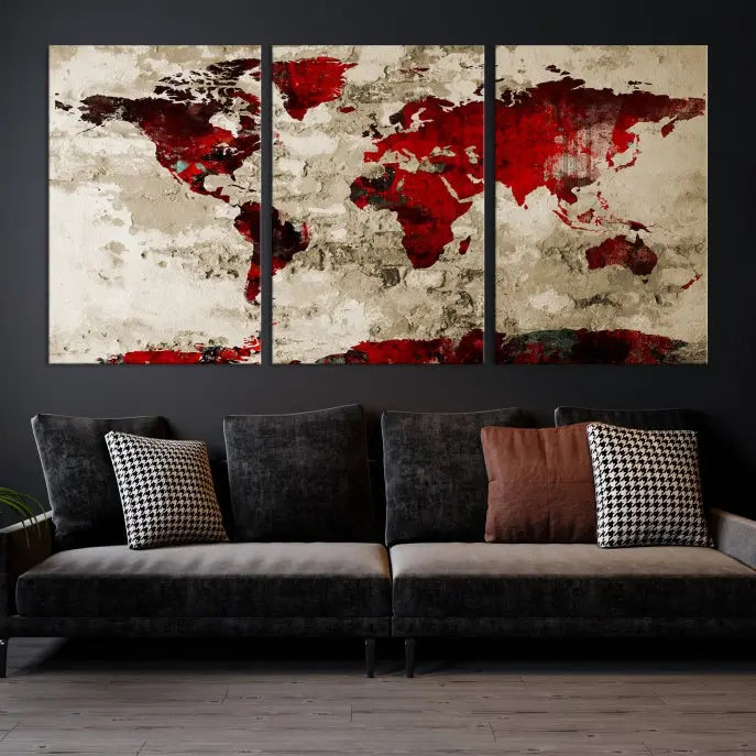 The living room showcases a stunning Red Canvas World Map Wall Art canvas print on gallery wrapped, museum-quality canvas.