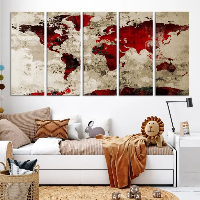 The living room showcases a stunning Red Canvas World Map Wall Art canvas print on gallery wrapped, museum-quality canvas.