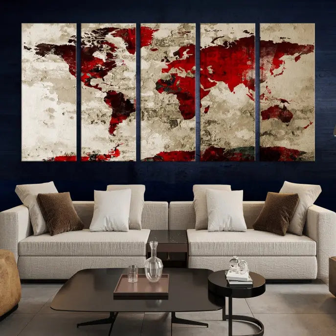 The living room showcases a stunning Red Canvas World Map Wall Art canvas print on gallery wrapped, museum-quality canvas.