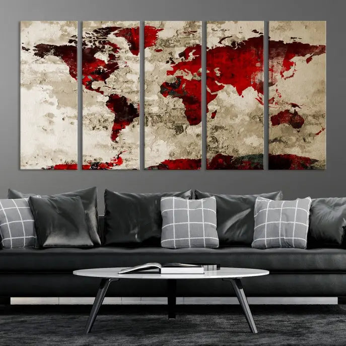 The living room showcases a stunning Red Canvas World Map Wall Art canvas print on gallery wrapped, museum-quality canvas.