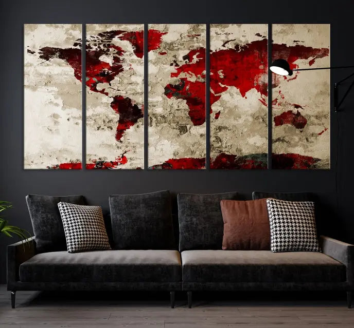 The living room showcases a stunning Red Canvas World Map Wall Art canvas print on gallery wrapped, museum-quality canvas.