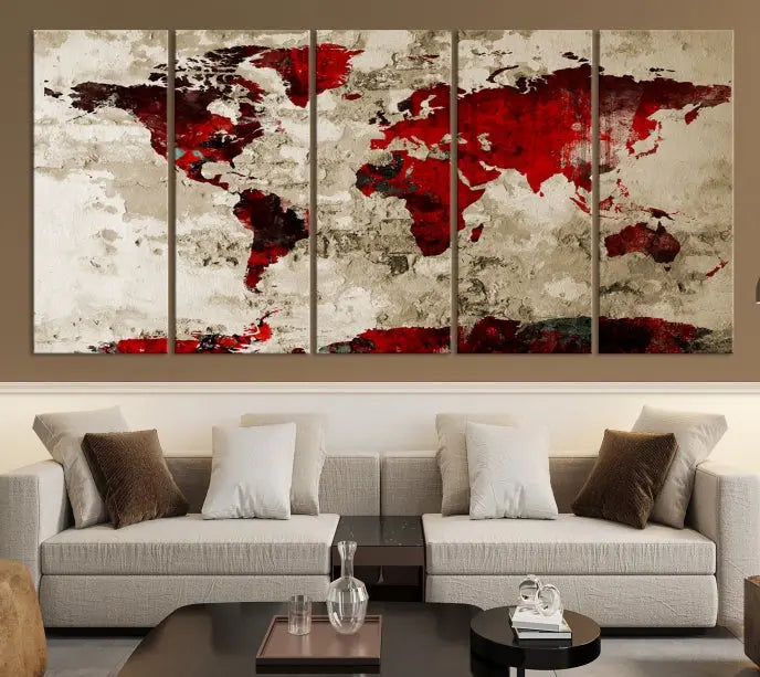 The living room showcases a stunning Red Canvas World Map Wall Art canvas print on gallery wrapped, museum-quality canvas.