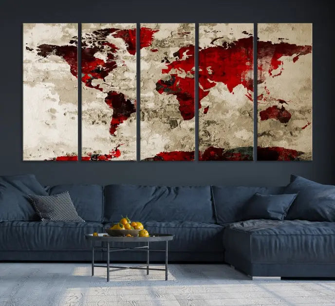 The living room showcases a stunning Red Canvas World Map Wall Art canvas print on gallery wrapped, museum-quality canvas.