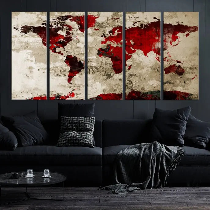 The living room showcases a stunning Red Canvas World Map Wall Art canvas print on gallery wrapped, museum-quality canvas.