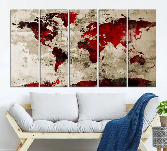 The living room showcases a stunning Red Canvas World Map Wall Art canvas print on gallery wrapped, museum-quality canvas.