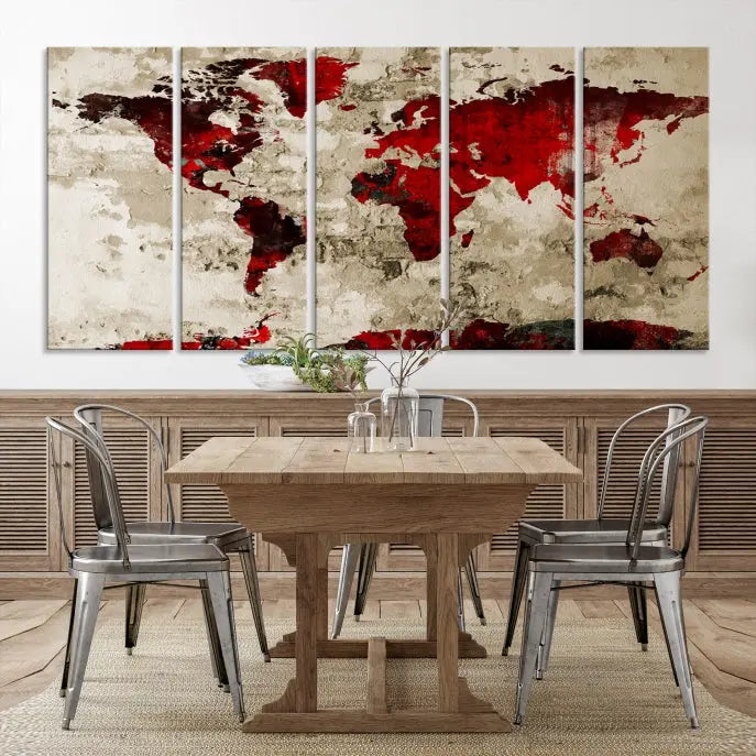 The living room showcases a stunning Red Canvas World Map Wall Art canvas print on gallery wrapped, museum-quality canvas.