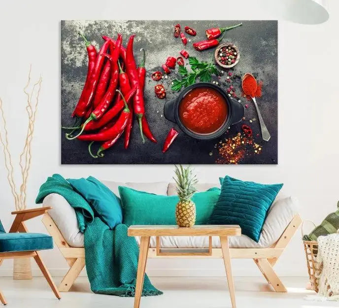 The Red Chili Peppers Wall Art Kitchen Artwork Canvas Print is a three-panel canvas showcasing red chili peppers, sliced chili, a pot of red sauce, and assorted spices on a dark background. It is of museum quality with a UV-protective coating to ensure its colors remain vibrant over time.