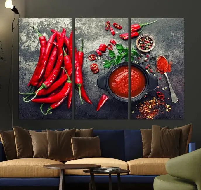 The Red Chili Peppers Wall Art Kitchen Artwork Canvas Print is a three-panel canvas showcasing red chili peppers, sliced chili, a pot of red sauce, and assorted spices on a dark background. It is of museum quality with a UV-protective coating to ensure its colors remain vibrant over time.