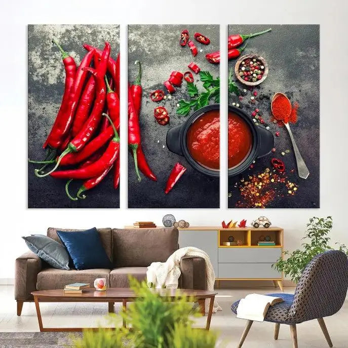 The Red Chili Peppers Wall Art Kitchen Artwork Canvas Print is a three-panel canvas showcasing red chili peppers, sliced chili, a pot of red sauce, and assorted spices on a dark background. It is of museum quality with a UV-protective coating to ensure its colors remain vibrant over time.