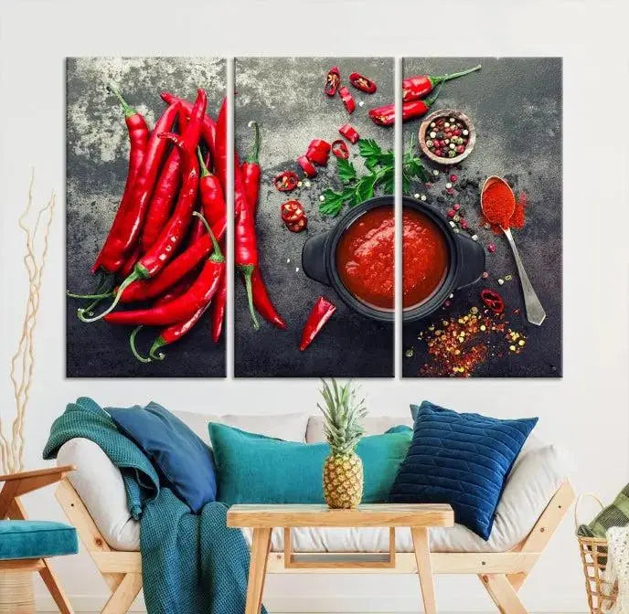 The Red Chili Peppers Wall Art Kitchen Artwork Canvas Print is a three-panel canvas showcasing red chili peppers, sliced chili, a pot of red sauce, and assorted spices on a dark background. It is of museum quality with a UV-protective coating to ensure its colors remain vibrant over time.