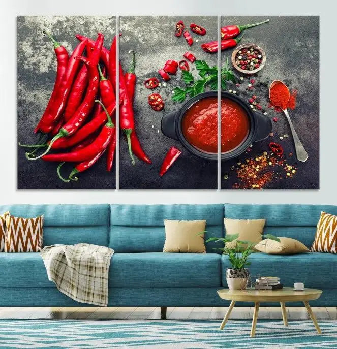 The Red Chili Peppers Wall Art Kitchen Artwork Canvas Print is a three-panel canvas showcasing red chili peppers, sliced chili, a pot of red sauce, and assorted spices on a dark background. It is of museum quality with a UV-protective coating to ensure its colors remain vibrant over time.