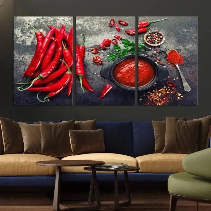 The Red Chili Peppers Wall Art Kitchen Artwork Canvas Print is a three-panel canvas showcasing red chili peppers, sliced chili, a pot of red sauce, and assorted spices on a dark background. It is of museum quality with a UV-protective coating to ensure its colors remain vibrant over time.