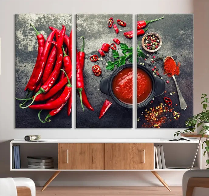 The Red Chili Peppers Wall Art Kitchen Artwork Canvas Print is a three-panel canvas showcasing red chili peppers, sliced chili, a pot of red sauce, and assorted spices on a dark background. It is of museum quality with a UV-protective coating to ensure its colors remain vibrant over time.