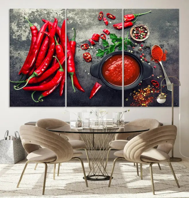 The Red Chili Peppers Wall Art Kitchen Artwork Canvas Print is a three-panel canvas showcasing red chili peppers, sliced chili, a pot of red sauce, and assorted spices on a dark background. It is of museum quality with a UV-protective coating to ensure its colors remain vibrant over time.