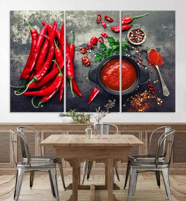 The Red Chili Peppers Wall Art Kitchen Artwork Canvas Print is a three-panel canvas showcasing red chili peppers, sliced chili, a pot of red sauce, and assorted spices on a dark background. It is of museum quality with a UV-protective coating to ensure its colors remain vibrant over time.