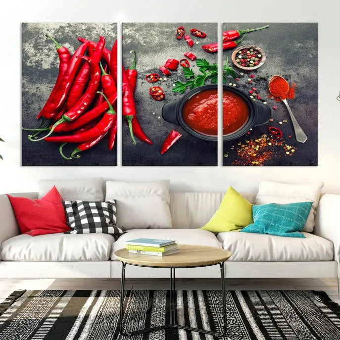 The Red Chili Peppers Wall Art Kitchen Artwork Canvas Print is a three-panel canvas showcasing red chili peppers, sliced chili, a pot of red sauce, and assorted spices on a dark background. It is of museum quality with a UV-protective coating to ensure its colors remain vibrant over time.