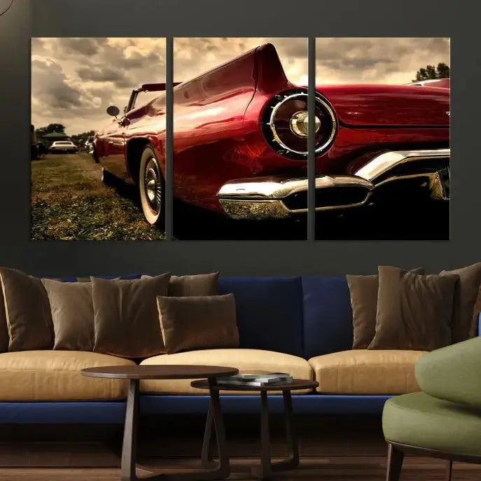 A Red Classic Car Wall Art Canvas Print, crafted on museum-quality canvas with a UV-protective coating, is prominently displayed.