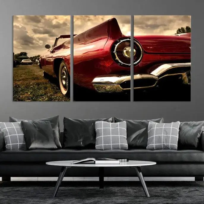 A Red Classic Car Wall Art Canvas Print, crafted on museum-quality canvas with a UV-protective coating, is prominently displayed.