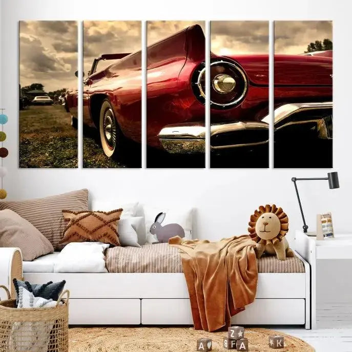 A Red Classic Car Wall Art Canvas Print, crafted on museum-quality canvas with a UV-protective coating, is prominently displayed.