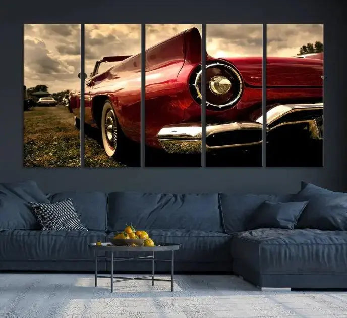 A Red Classic Car Wall Art Canvas Print, crafted on museum-quality canvas with a UV-protective coating, is prominently displayed.