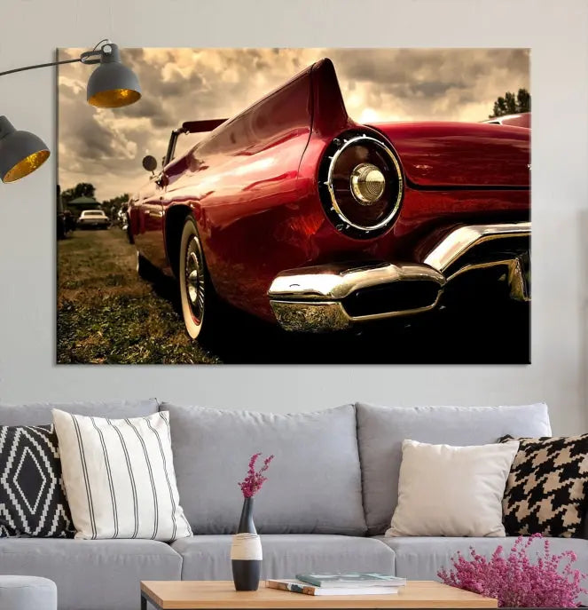 A Red Classic Car Wall Art Canvas Print, crafted on museum-quality canvas with a UV-protective coating, is prominently displayed.