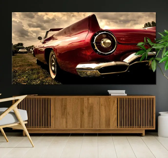 A Red Classic Car Wall Art Canvas Print, crafted on museum-quality canvas with a UV-protective coating, is prominently displayed.