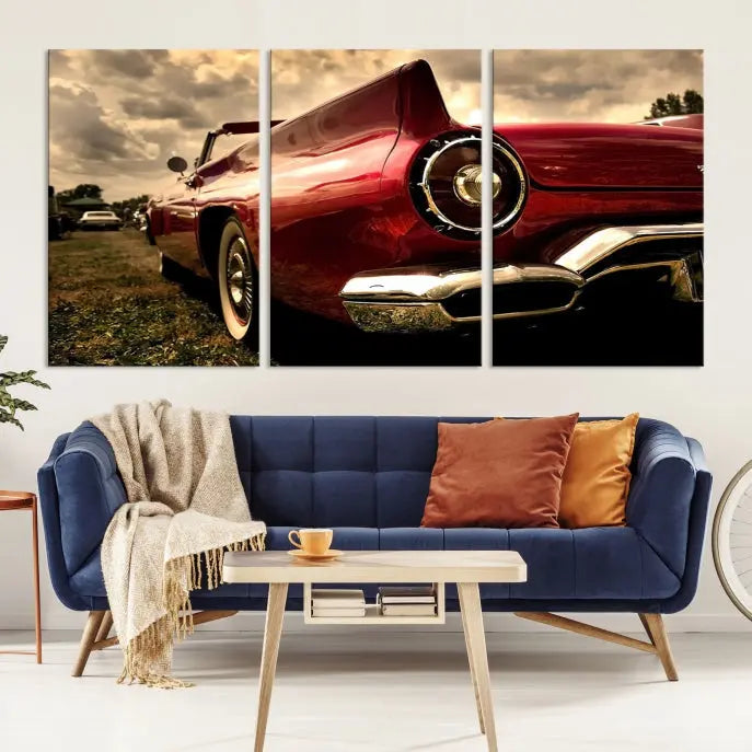 A Red Classic Car Wall Art Canvas Print, crafted on museum-quality canvas with a UV-protective coating, is prominently displayed.