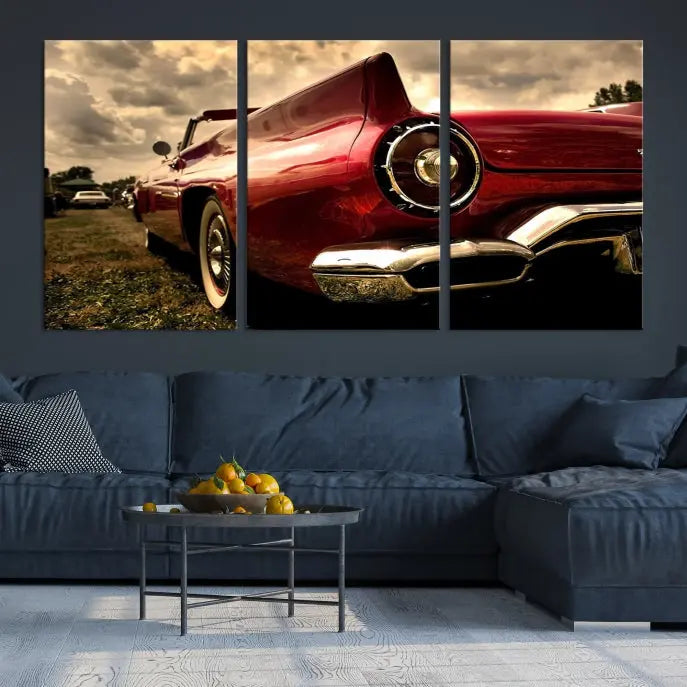 A Red Classic Car Wall Art Canvas Print, crafted on museum-quality canvas with a UV-protective coating, is prominently displayed.