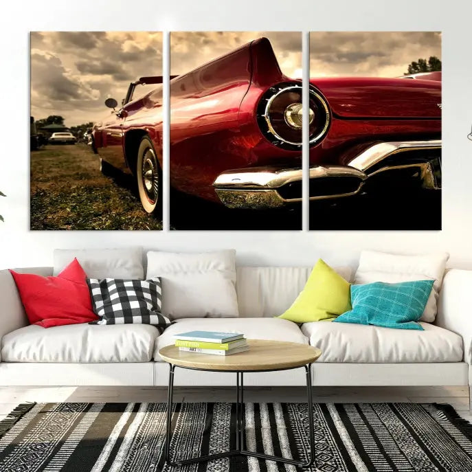 A Red Classic Car Wall Art Canvas Print, crafted on museum-quality canvas with a UV-protective coating, is prominently displayed.