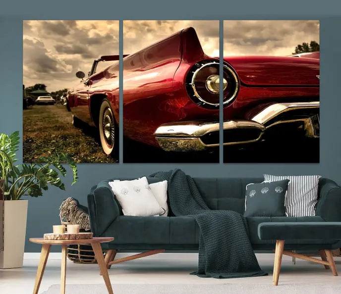 A Red Classic Car Wall Art Canvas Print, crafted on museum-quality canvas with a UV-protective coating, is prominently displayed.