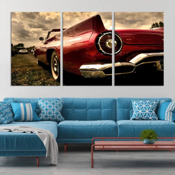 A Red Classic Car Wall Art Canvas Print, crafted on museum-quality canvas with a UV-protective coating, is prominently displayed.